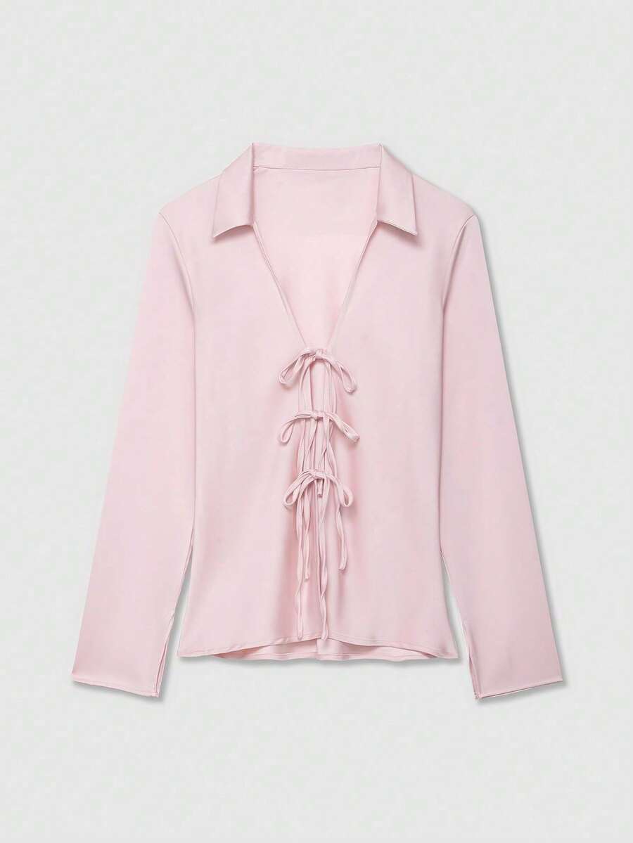 Blusa de manga larga con cuello de solapa y corbata, de material tipo seda, unicolor rosa, para primavera - Rosa - Ver 1
