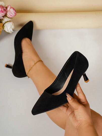 宽楦黑色尖头高跟鞋，舒适的机组人员鞋，黑色细高跟鞋，专业制服礼仪中跟工作鞋，黑色绒面革百搭款