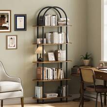 71" Arched Bookshelf, 5 Tier Freestanding Open Bookcase With Sturdy Metal Frame, Modern Display Rack And Plant Shelf For Bedroom, Living Room, Home Office - 黑色+復古色彩,五層 - 查看 5