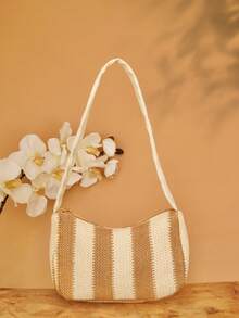 Beige & White Striped Straw Shoulder Bag, Large Capacity Woven Tote Bag, Women's Summer Beach Handbag, Casual Vacation Purse - Apricot - View 3