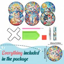 6pcs DIY Diamond Painting Coaster Set With Stand - Cat Theme, Round And Asymmetrical Shape Diamonds, Wooden Craft Kit, Suitable For Adults And Beginners - View 6