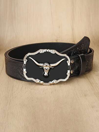 1pc Men's Retro Bull Head Buckle Belt, Classic Engraved PU Leather Fashion Accessory, Western Style Suitable For Casual Daily, Festivals And Parties, Unisex