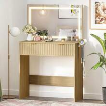 Escritorio de vanidad acanalado con espejo LED iluminado 3 colores 2 cajones toma de corriente puertos USB secador de pelo vestidor madera ligera moderna dormitorio niñas mujeres roble natural alta capacidad multifunción enchufe de pared diseño elegante - Roble natural - Ver 3