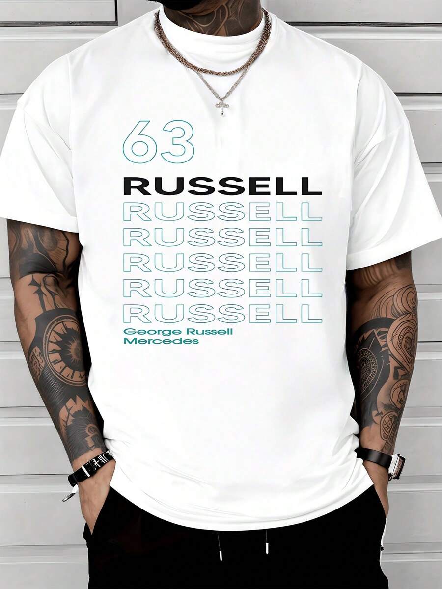 Número grande 63 combinado con múltiples líneas del nombre Russell en tonos verdes que simbolizan energía velocidad y pasión por el automovilismo moderno con un toque urbano que refleja fuerza confianza y personalidad única camiseta de hombre casual cómoda para uso diario - Blanco - Ver 1