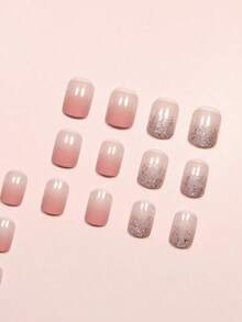 24pcs Short Square UV Glitter Gradient Pink-Orange Candy Color False Nails + 1pc Jelly Glue + 1pc Nail File Set Press On Nails Nail Supplies - 多色 2 - 查看 7