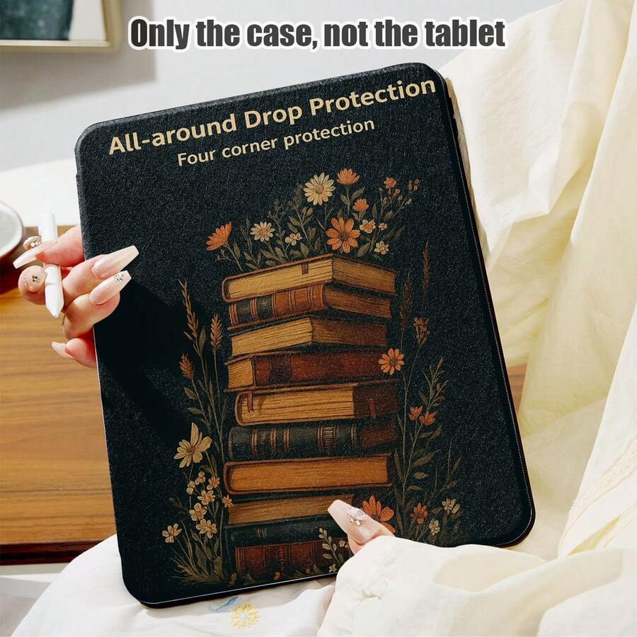 1件PU皮革保护套，带支架、笔槽、书籍和花卉图案、720度旋转支架、自动休眠/唤醒功能，兼容荣耀MatePad、苹果第十代/11 2025（A16）及其他型号 - 彩色 - 查看 1
