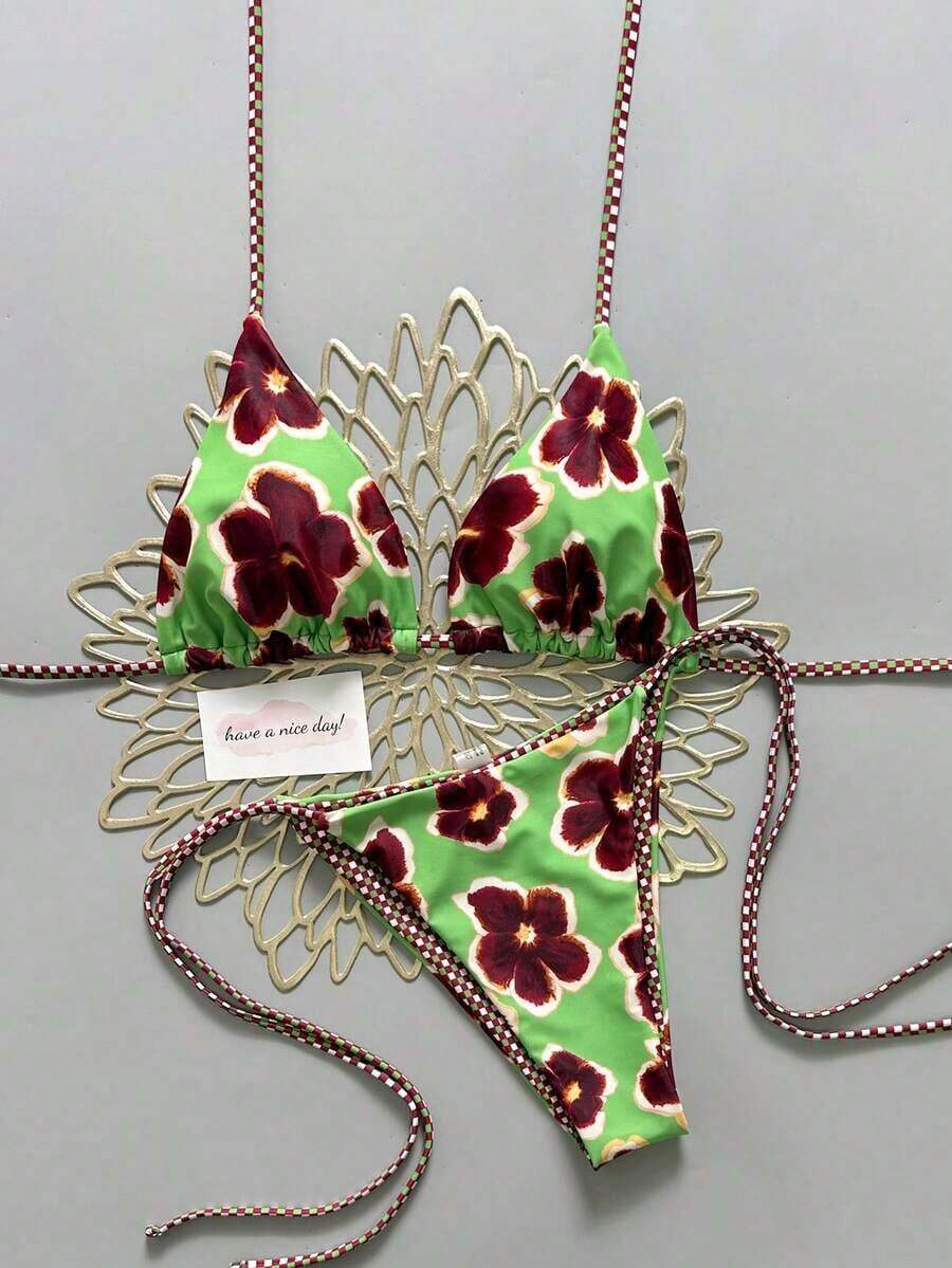 2pcs Retro Floral Colorblock Plaid Print Personalized Women Bikini Swimwear, Suitable Beach, Pool, Cruise, Party In Spring And Summer - 綠色和紫色 - 查看 1