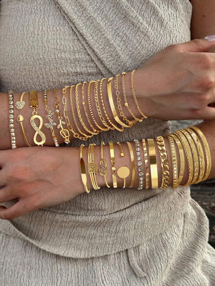 23/12/10/5件套多件可叠戴复古硬币、几何花朵、结饰、心形、蝴蝶、无限符号、水钻闪亮、圆形、多层扭曲、波浪形、圆珠、人脸、星形、压纹、网格链、弹力绳、锁链、链、盒链,简约光滑金属手链套装,时尚、优雅、复古设计,适合节日、派对、约会、日常佩戴,亦可作为礼物。 - 金黃色 - 查看 1