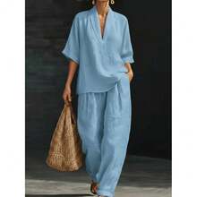 2026 Spring And Summer European And American Women's Clothing Loose Solid Color Imitation Hemp Casual Wide-Leg Pants Set Comfortable Two-Piece Set - 淺藍色 - 查看 1