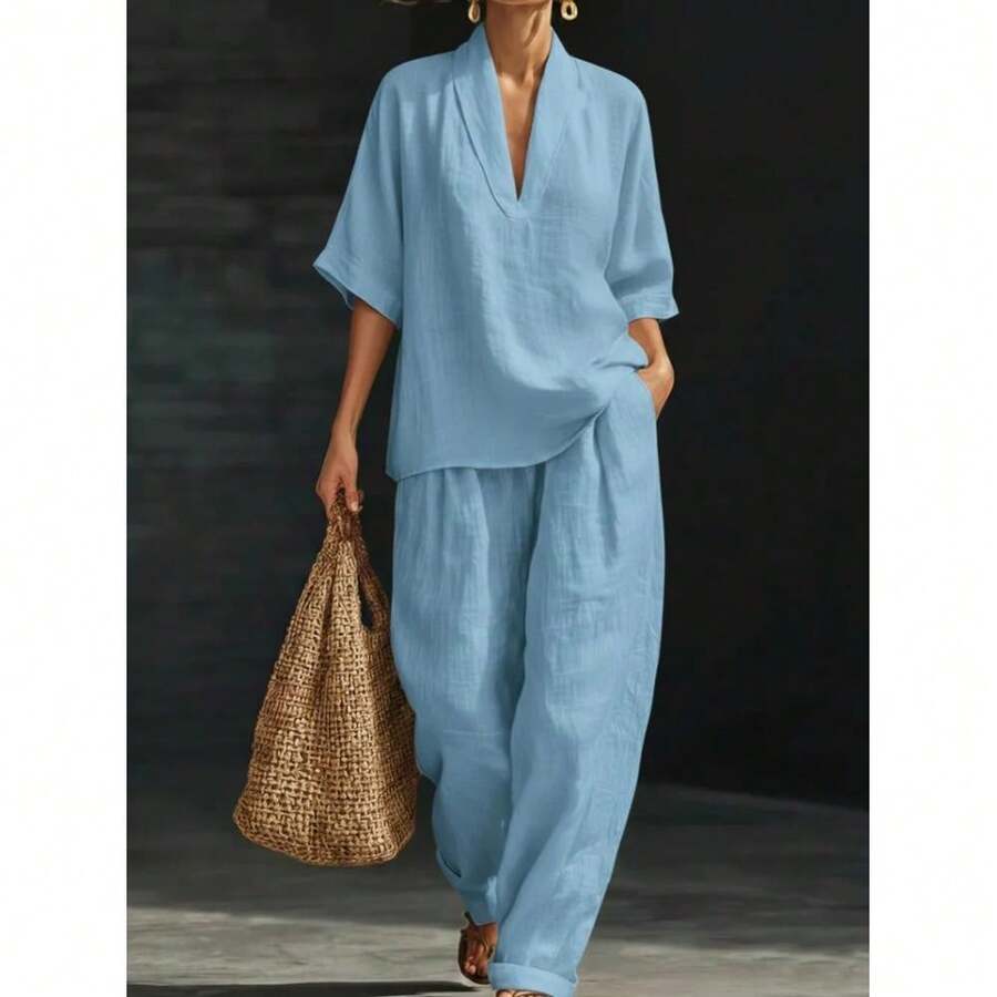 2026 Spring And Summer European And American Women's Clothing Loose Solid Color Imitation Hemp Casual Wide-Leg Pants Set Comfortable Two-Piece Set - 淺藍色 - 查看 1