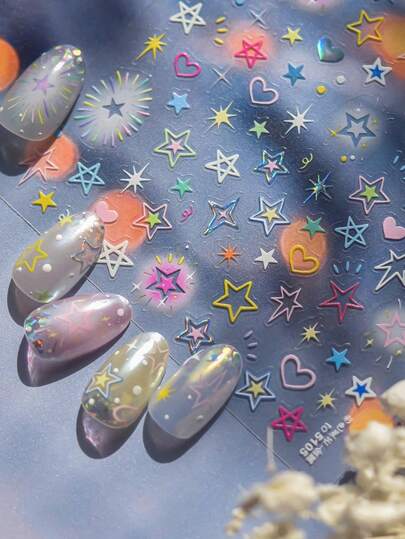 1 pieza Accesorio de arte de uñas con forma de estrella colorida y dulce, pegatinas 5D en relieve de metal con estrella de cinco puntas, decoración de uñas autoadhesiva