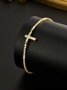 1件男士奢华锆石十字架网球手链，闪耀的基督教元素珠宝，精致的男士饰品，适合作为复活节礼物和日常佩戴 - 金黃色 - 查看 2