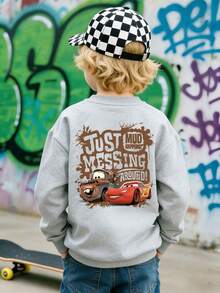 Disney Cars Lightning McQueen Graphic Hooded Sweatshirt - A Round-Neck, Casual Summer Top Suitable For Both Boys And Girls, Perfect For Holiday Parties, Gatherings, Outdoor Activities, And Everyday Casual Wear. - 灰色 - 查看 2
