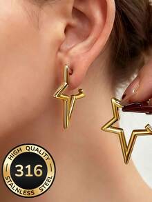 2 Pairs Of High-Quality Hollow Star Earrings, 316 Stainless Steel Non-Fading And Hypoallergenic, 18K Gold Plated Anti-Fading, Minimalist And Comfortable Multi-Purpose, Personalized Design, Fashion Accessory For Women, Suitable For Daily Wear Or Parties, Elegant Gift Choice - Hollow Star Earrings - View 1