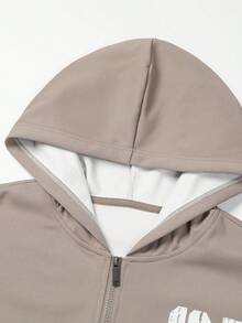 Voidago Sudadera con capucha con cremallera para hombres con estampado de letras y números, bolsillo grande, chaqueta deportiva casual para primavera y otoño, chaqueta de sudadera de alta calidad - Caqui - Ver 3