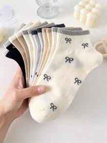 5 pares de calcetines invisibles de tobillo con rayas y moños lindos, transpirables, para mujer, adecuados para uso diario y casual, para todas las estaciones - Multicolor - Ver 8