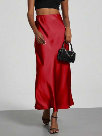 YROOE Women's Fashion All-Season Satin Elastic Waist Maxi Skirt