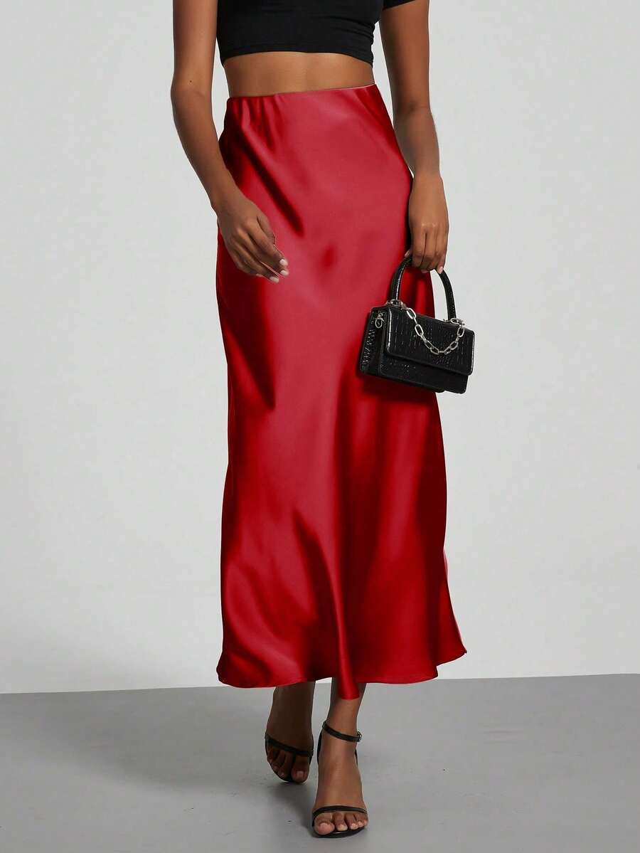 YROOE Women's Fashion All-Season Satin Elastic Waist Maxi Skirt Spring