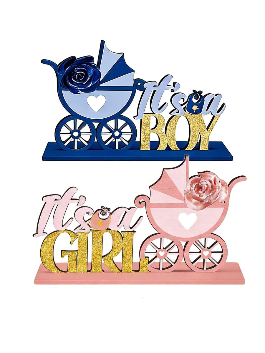 2 pezzi/Set Decorazione da scrivania in legno per festa di genere, cartelli da scrivania con lettere per bambino e bambina con supporto, centrotavola decorativo, adatto per scaffali, forniture scolastiche - Multicolore - Visualizzare 1