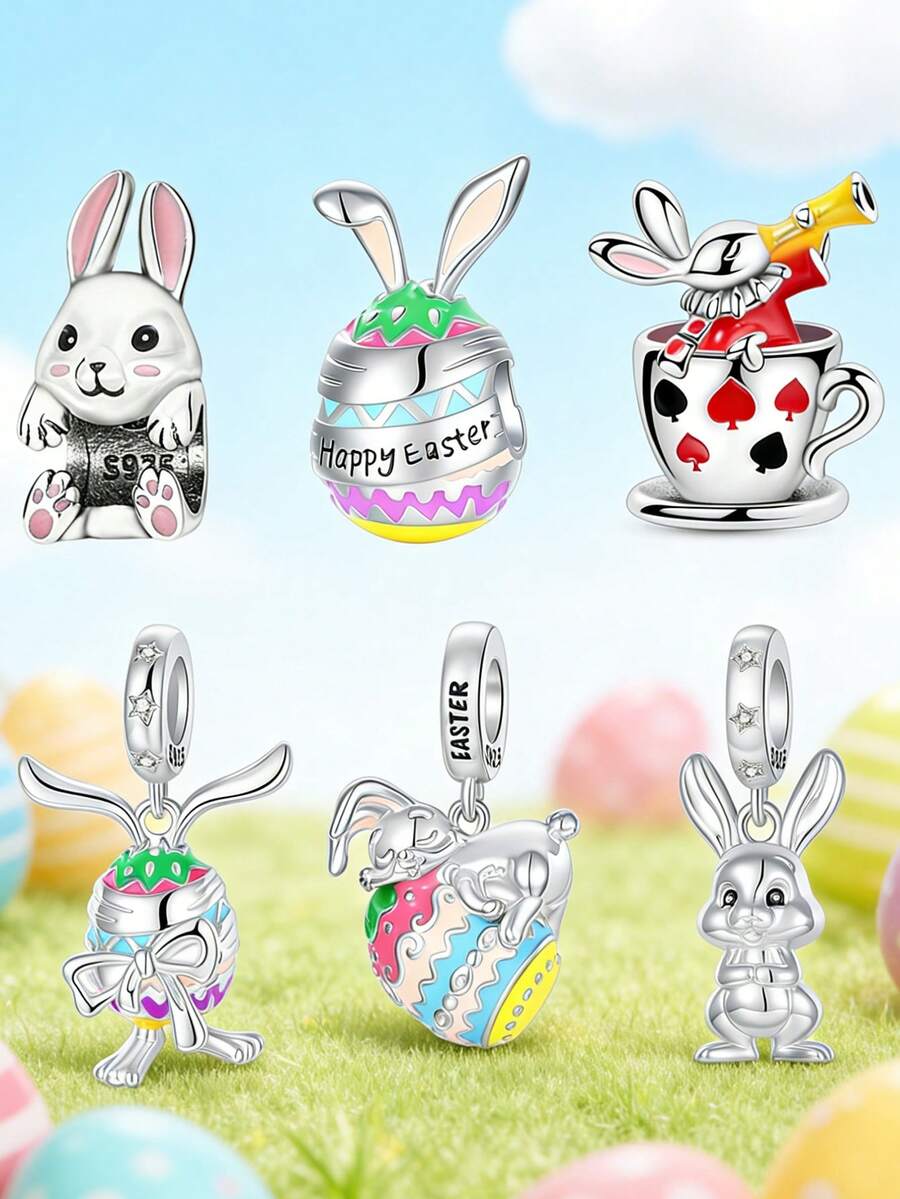 Silver Plated Easter Rabbit Charms For Bracelets Cute Bunny Egg Silver Pendant DIY Jewelry Making Necklace Gift - Silver - View 1