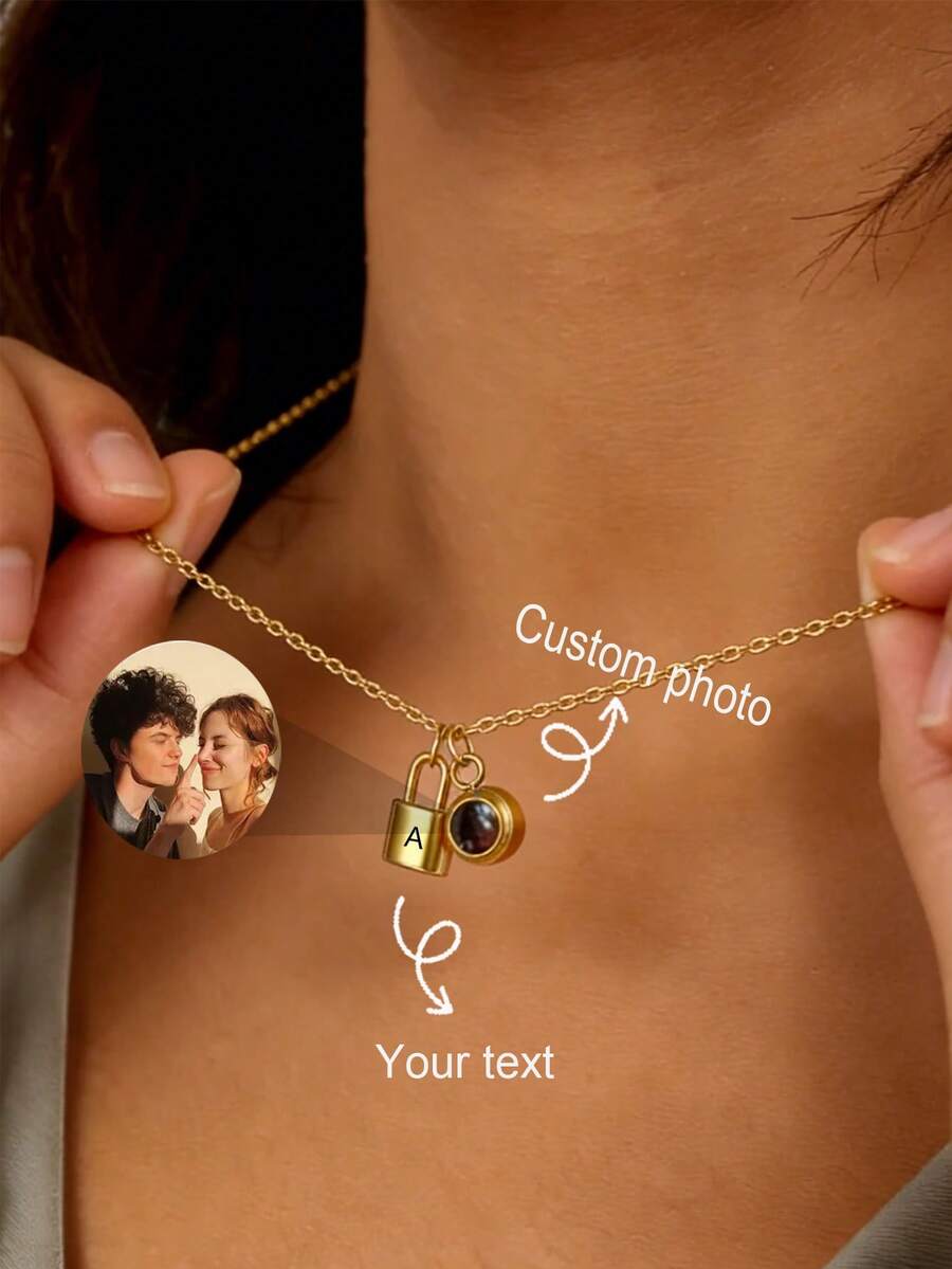1pc Customized Photo Necklace, Stainless Steel Engraved Initial Pendant, Fashionable Creative Lock Design Pendant, Personalized Heart/Round Projection Pendant, Suitable For Men And Women, Elegant Minimalist Jewelry, Mother's Day Gift, Bridesmaid Gift, Proposal Gift