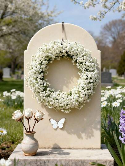 1 vòng hoa giả hoa baby's breath, vòng hoa giả chất lượng cao dùng để trang trí treo trong trung tâm thương mại, vòng hoa cây xanh nhân tạo, trang trí mộ, tang lễ, kỷ niệm, không cần bảo dưỡng, người tổ chức tang lễ, vòng hoa mộ màu trắng, quà chia buồn.