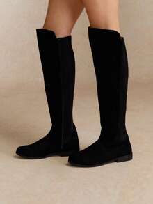 Tropiscape 女靴2025秋冬新款侧拉链平底靴，增高及膝靴，微弹莱卡靴筒，可扩展筒身，亮面高筒靴，女款 - 黑色 - 查看 3