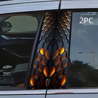 Set Of 2 Orange Glowing Honeycomb Pattern Stickers For Car B-Pillar; These Decals Feature A Cool Mechanical Design, Perfect For Car Modification. They Are Made Of Durable Vinyl Material, Providing Sunscreen, Waterproof, And Scratch-Resistant Properties.