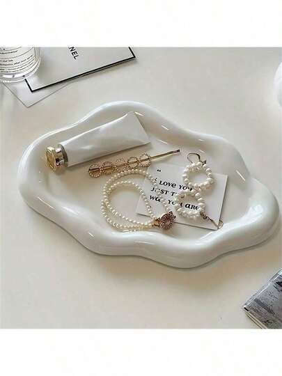 现代珠宝收纳托盘 - 白色/镀银 - 优雅项链、手链、耳环展示架 - 耐用ABS树脂梳妆托盘 - 男女通用，生日、婚礼、情人节礼物 - 梳妆台、办公桌、派对装饰 - 珠宝收纳托盘