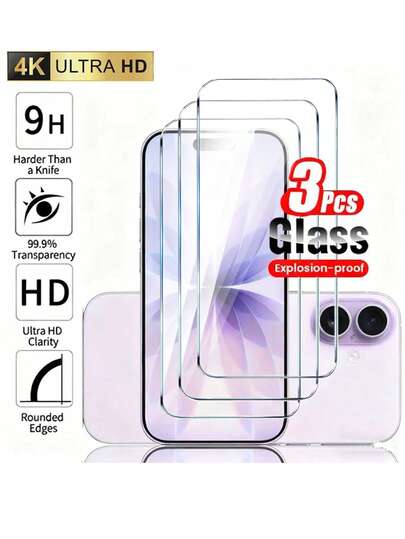 3pcs High Definition Tempered Glass Screen Protector, Clear Transparent Waterproof Anti-Scratch, Suitable For Apple 17/17Pro/17Promax/17Air/X/XS/11/12/13/14/15 Pro Max/16 Pro Max/16 Plus, Anti-Drop Anti-Fingerprint Full Coverage