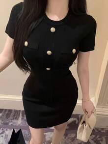 新款春夏修身针织迷你连衣裙，收腰设计，凸显身材曲线，黑色 - 黑色 - 查看 5