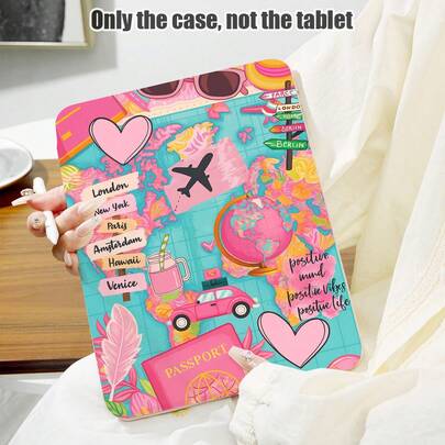 1pc Pink Earth, Heart, Airplane, Pink Car Pattern Flip Cover Desk Protector With 360 Degree Rotating Stand And Pen Slot, PU Leather Case With Auto Sleep/Wake Function, Suitable For Samsung A9/A9+/S9/S9FE/A11/A11+/S11/S10 FE/S10 FE+/S10 Lite, Apple Air 5/6, Honor, Matepad, And Other Popular Models, Suitable For Back To School, Valentine's Day, Holiday Gifts