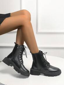 Women's Fashion Ankle Boots, Casual Side Zipper Lace-Up Combat Boots - Black - View 5