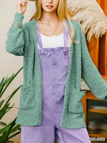 Womens Casual Cardigan Cozy Chunky Knit Sherpa Style Open Front Teddy Bear Plush Fluffy Textured Oversized Sweater With Pockets Long Sleeve Mid Length Mint Green Fall Winter Layering Piece - NGỌC BỌC - Xem 3