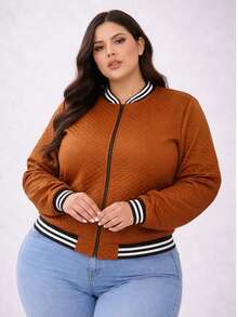 Women's Plus Size Bomber Jacket With Zipper, Sizes G1 G2 G3 - 駝色 - 查看 2