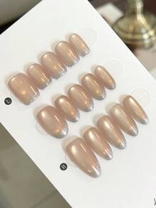 10pcs Handmade Press-On Nails, Luxury Nude Pink Ombre Gradient With Minimalist Rhinestones, French Manicure Style, Suitable For Daily Commute, High-End Gift, Women, Holidays, Vacation Or Everyday Wear, Removable And Reusable - Champagne - View 4