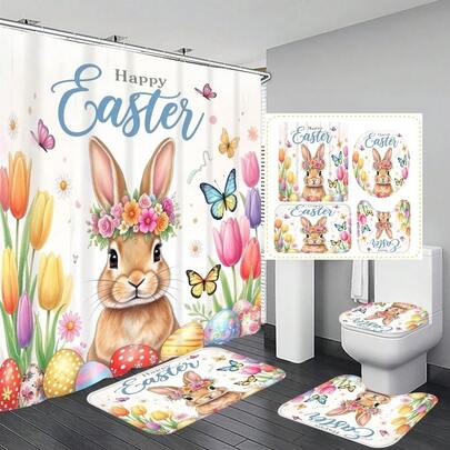 1pc/3pcs/4pcs Easter Bunny & Egg Pattern Bathroom Decor Shower Curtain Set, Comes With 12 Free Hooks, Elegant Holiday Vibe, Includes Bath Mat, U-Shaped Mat, And Round Toilet Mat, Suitable For All Scenarios
