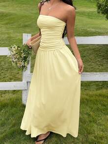 PEONY Women's Elegant French Style Solid Color Strapless Sleeveless Waist Flared Dress, Yellow, Suitable For Summer Vacation, Birthday Party, Fairy Style, Festivals, Outdoor, Graduation Ceremony, Casual Evening, Garden, Party - Light Yellow - View 5