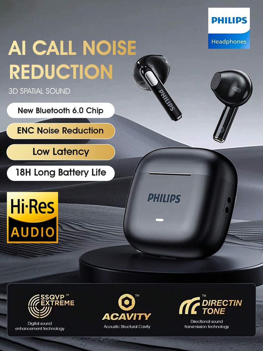 PHILIPS 飞利浦新款蓝牙6.0无线耳机，TAT1420，高保真音质，半入耳式设计，降噪功能，适用于游戏、运动、智能手机、电脑、平板电脑。