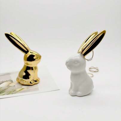 Ceramic Easter Bunny Figurine, Creative Cute Nordic Style Ceramic Decor, Electroplated Decorative Ornament