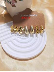 Elegante set de 6-18 piezas de pendientes de aro para mujer - Estilo minimalista de moda, pendientes de botón de acero inoxidable, perfectos para fiestas y regalos - Dorado - Ver 3
