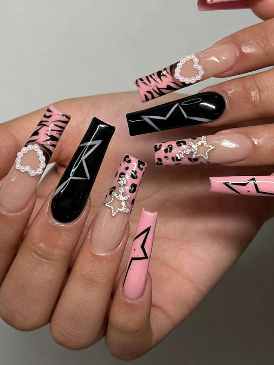 24pcs Pink Square French Manicure Fake Nails Set, Includes Zebra Print, Elegant Black Bow Rhinestone, Nude With Silver Gray Irregular Lines, Dreamy White Pearl Dotted Silver Star Rhinestone, Black Full Cover Nail Tips With Glue Sticker And Mini File, Random Delivery - Black - View 1