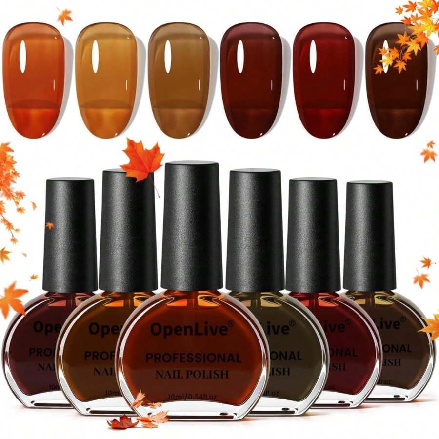 OpenLive 10ml Fall Jelly Nail Polish Set 6 Colors Gold Maple Leaf Pumpkin Yellow Burnt Orange Art Nail Polish Quick Dry For Women Girls Gift - ColorA - 查看 1