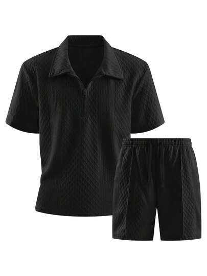 1 Set Camiseta de manga corta de cuello redondo y pantalones cortos casuales con cordón para hombre, adecuado para uso diario, citas, vacaciones