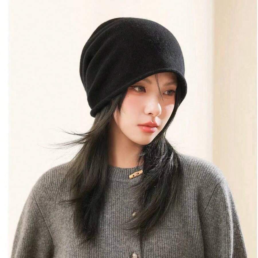 Topi Beanie Rajut Longgar Unisex, Topi Hangat Musim Dingin Lembut Bergaris Warna Polos, Gaya Streetwear Kasual, Cocok Untuk Aktivitas Luar Ruangan, Perjalanan Sehari-hari, Pakaian Musim Dingin