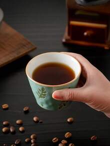 1 Juego de taza de té, taza de café, juego de tazas de té, taza de postre/pudín con diseño de hojas verdes, taza con agarre, taza de té personal creativa, taza anti-derrames, pintada a mano en cerámica - Multicolor - Ver 9