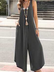 Mono de mujer talla grande con cuello en V y bajo asimétrico, para primavera - Gris Oscuro - Ver 3