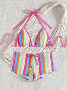 wohenmeili Colorful Striped Bikini Set For Beach Vacation Summer - Vertical Stripes + Rose Red Border - View 2