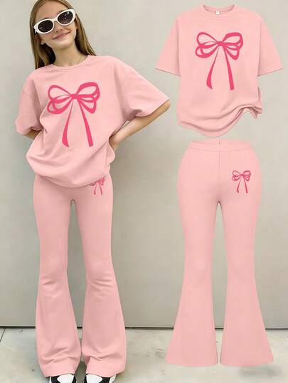 2pcs/Set Teenage Girls Short Sleeve T-Shirt Set, Including Bow Print Tee And Flare Pants, Fashionable Casual, Suitable For Spring And Summer