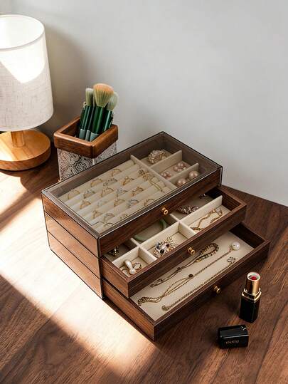 1个豪华胡桃木首饰盒，三层木质首饰收纳盒，带抽屉，亚克力首饰整理架，经典设计，可收纳耳环、戒指、项链、手镯、吊坠，浴室及桌面收纳盒，可堆叠，优雅奢华的妻子礼物展示盒，家居装饰